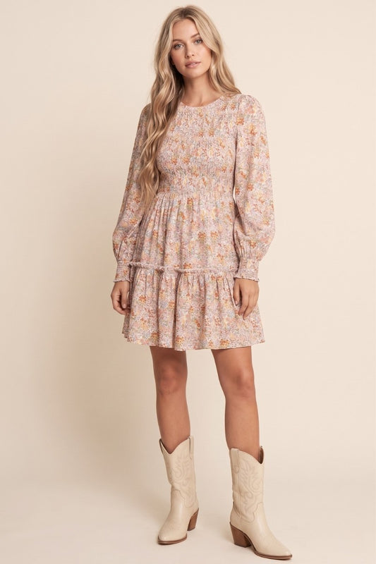 Smocked Bodice Long Sleeve Floral Print Dress