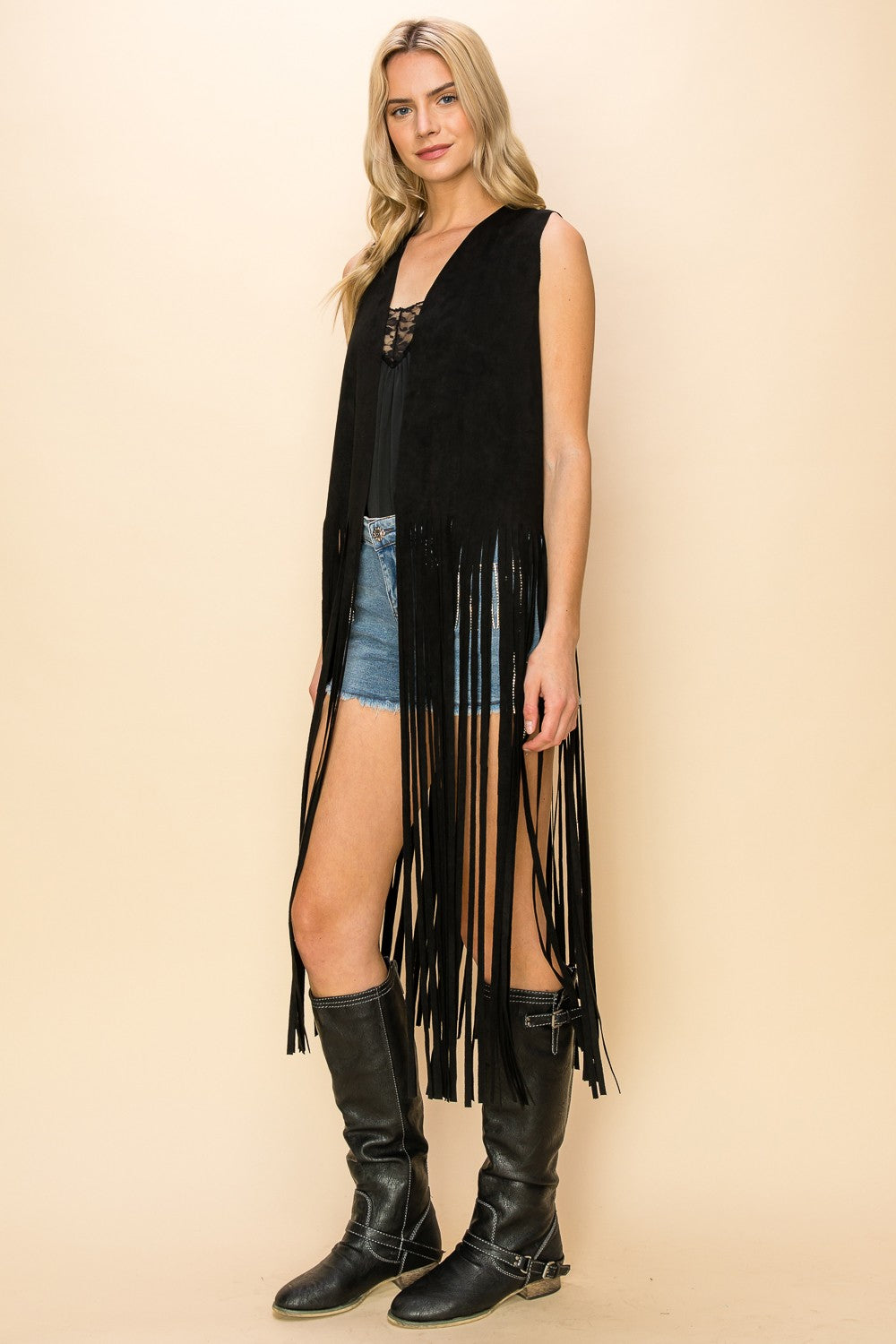 Long Fringe Sleeveless Suede Vest (Black)