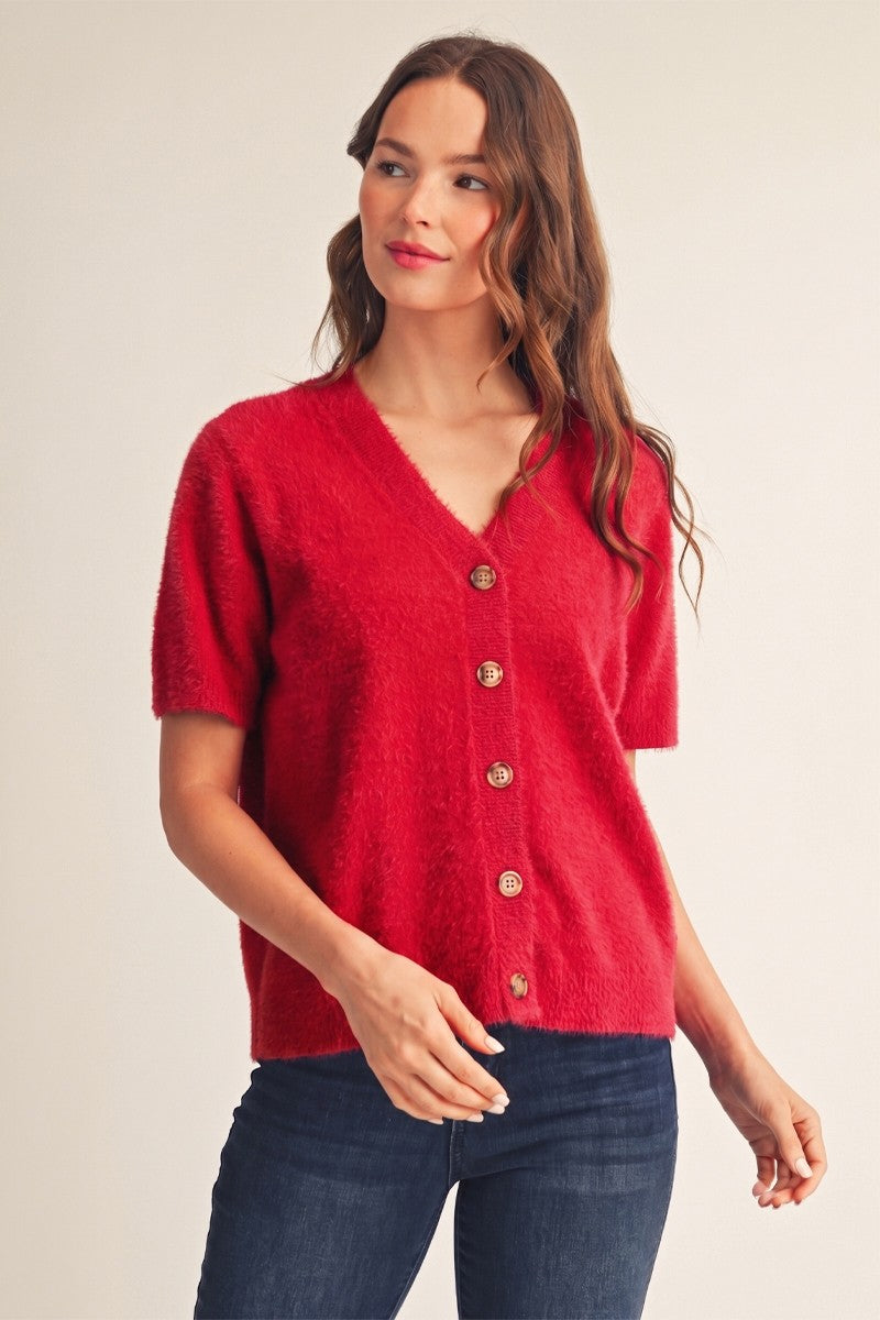 Short Sleeve V-Neck Fuzzy Cardigan (Red)