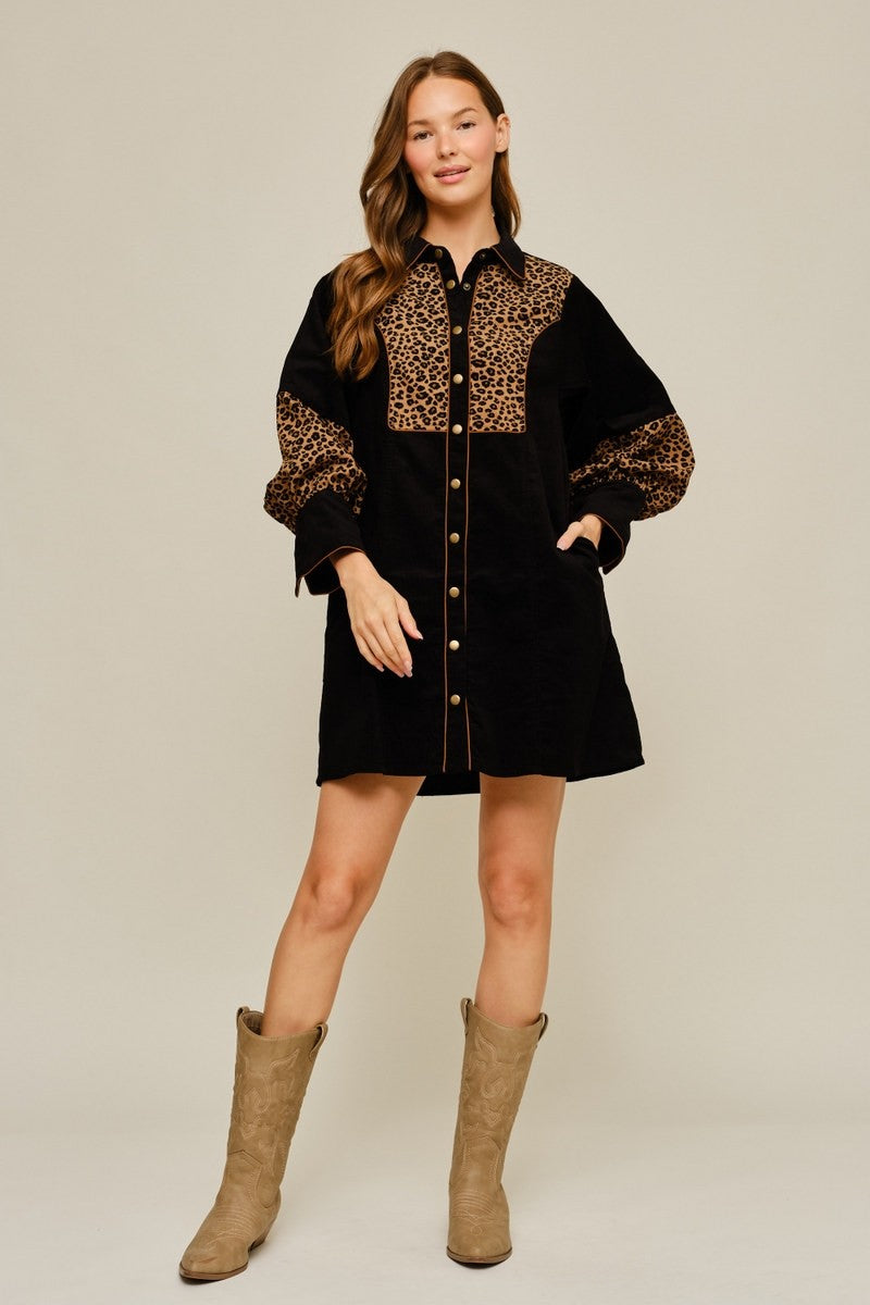 Leopard Contrast Button Front Corduroy Dress