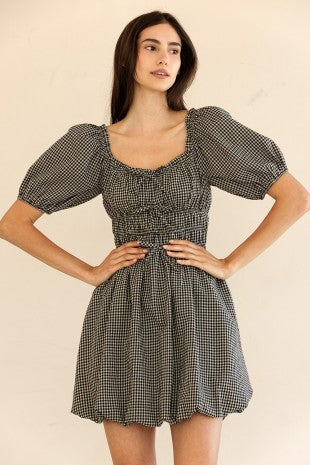 Gingham Puff Sleeve Dress w/ Bubble Hem