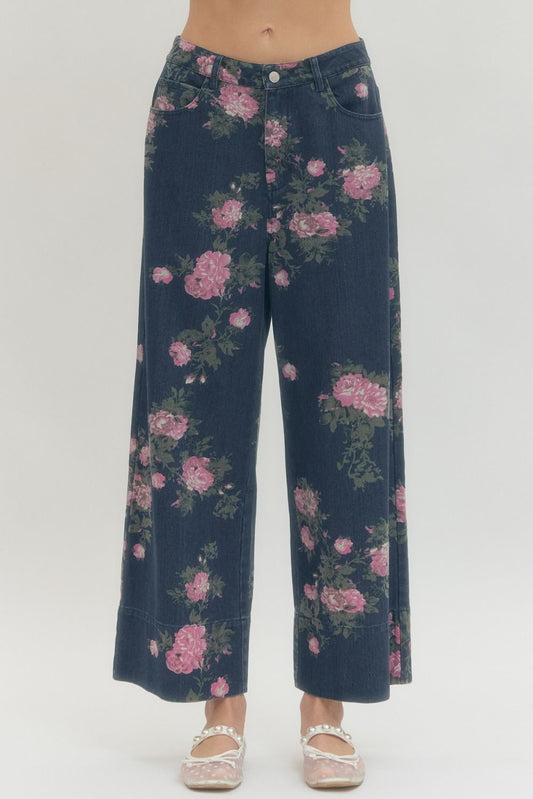 Dark Denim Floral Print Pants