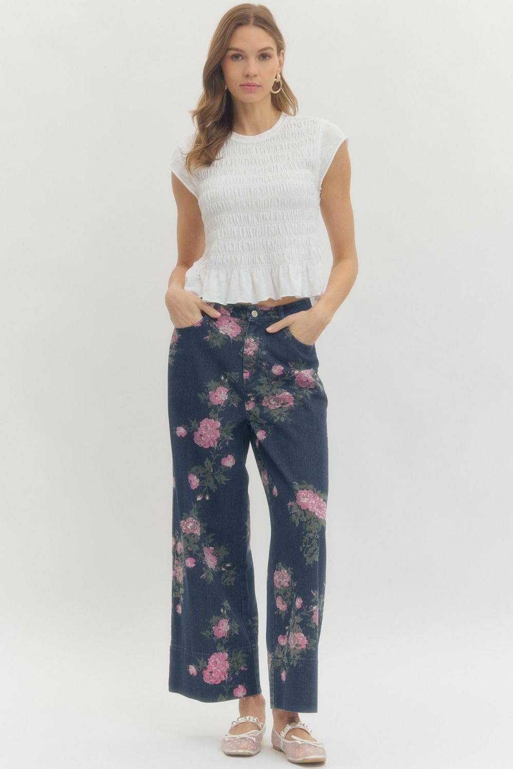 Dark Denim Floral Print Pants