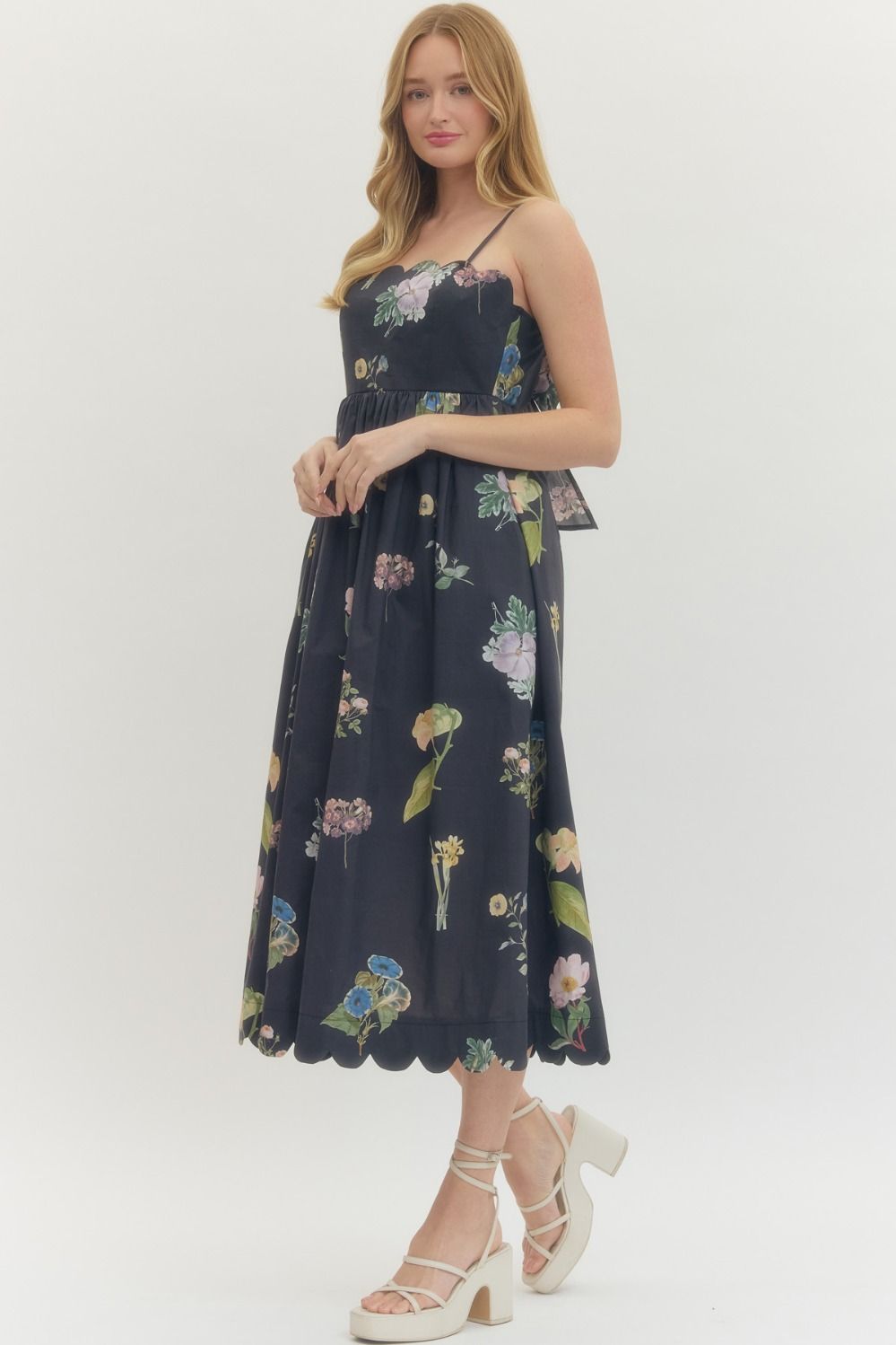 Scallop Neckline Bow Back Midi Dress