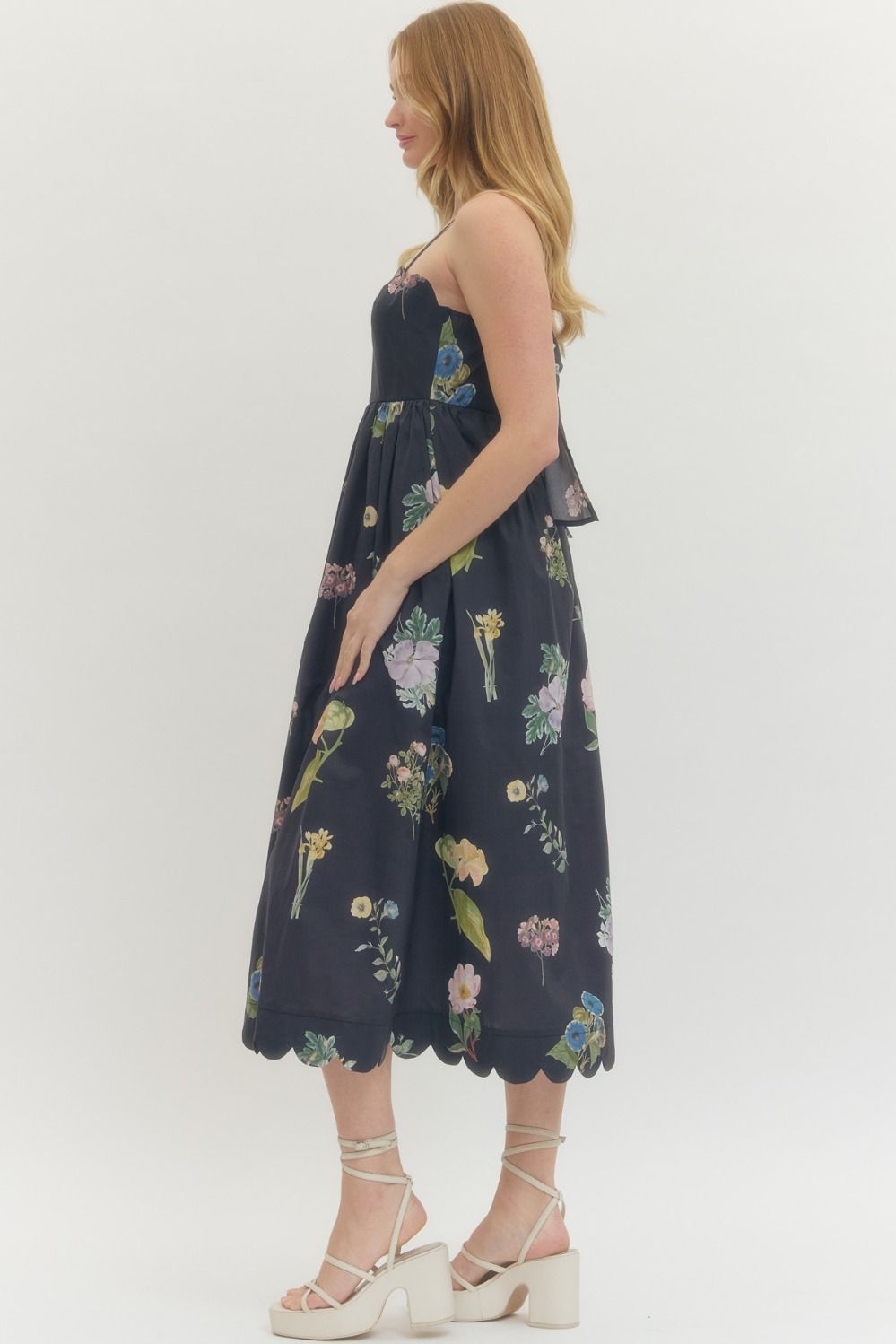 Scallop Neckline Bow Back Midi Dress