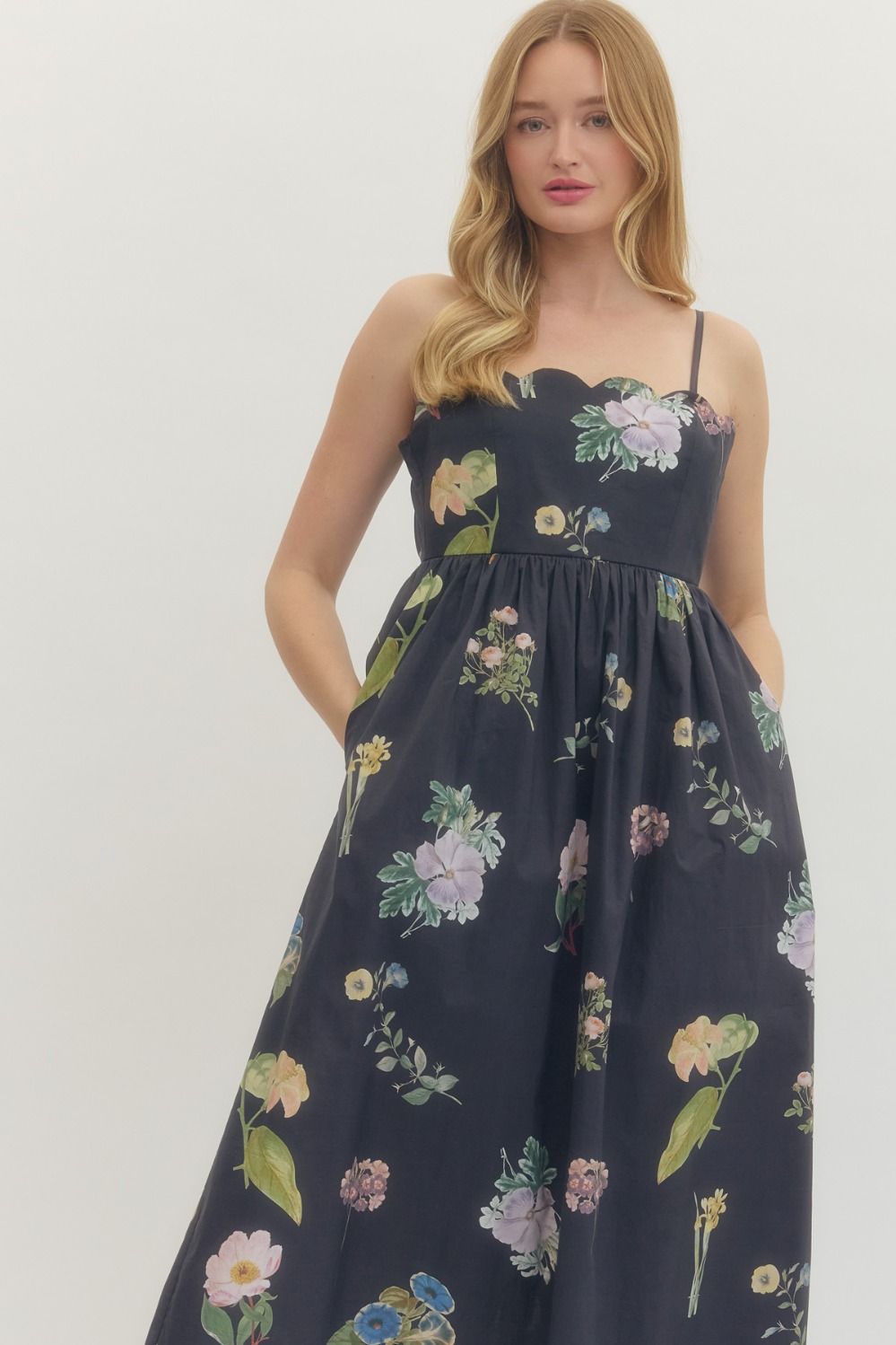 Scallop Neckline Bow Back Midi Dress