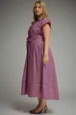 Pink & Navy Pinstripe Cap Sleeve Midi Dress
