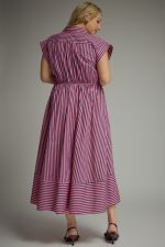 Pink & Navy Pinstripe Cap Sleeve Midi Dress