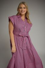 Pink & Navy Pinstripe Cap Sleeve Midi Dress
