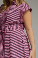 Pink & Navy Pinstripe Cap Sleeve Midi Dress
