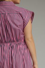 Pink & Navy Pinstripe Cap Sleeve Midi Dress