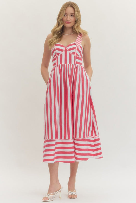 Shaped Bust Striped Sleeveless Midi Dress