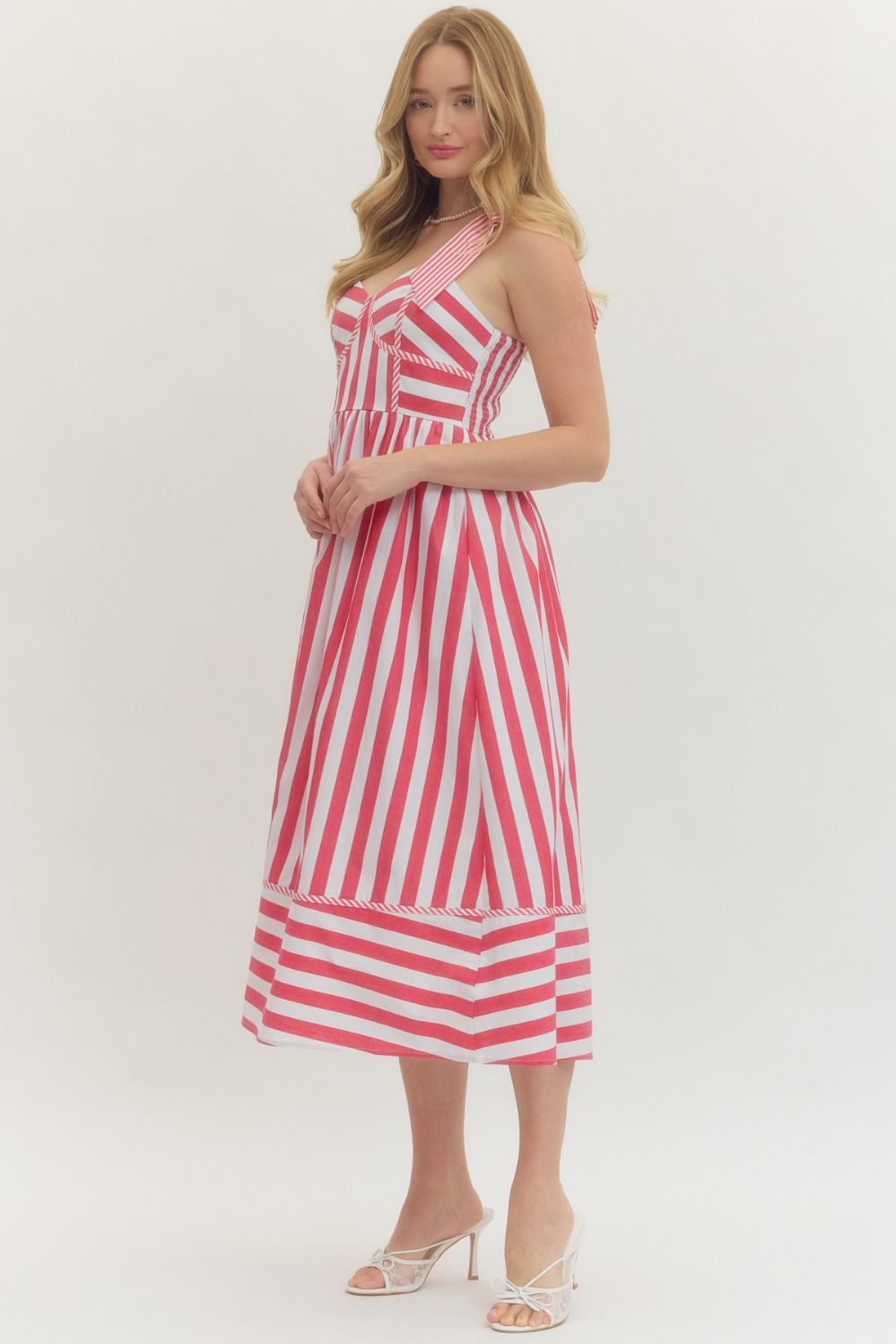 Shaped Bust Striped Sleeveless Midi Dress