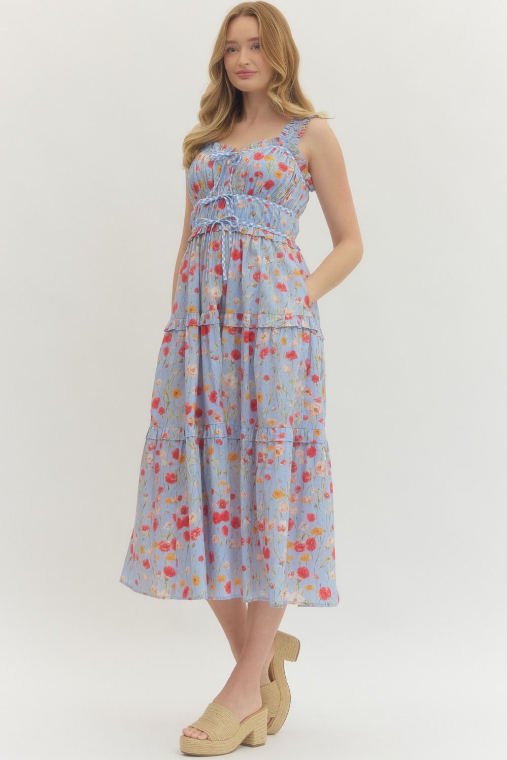 Floral Print Midi Dress w/ Ruffle Straps & Pockets