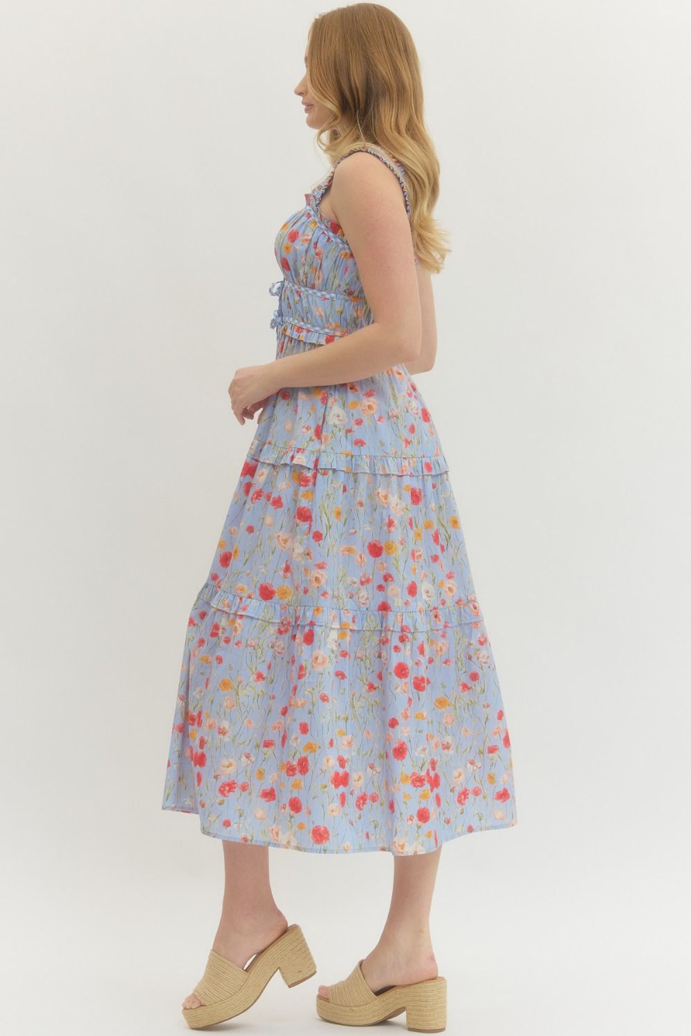 Floral Print Midi Dress w/ Ruffle Straps & Pockets