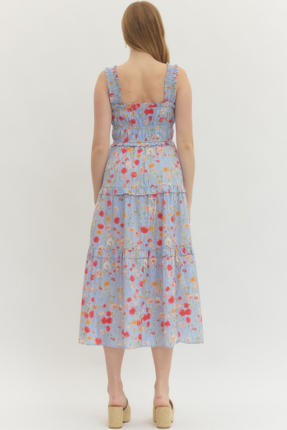 Floral Print Midi Dress w/ Ruffle Straps & Pockets