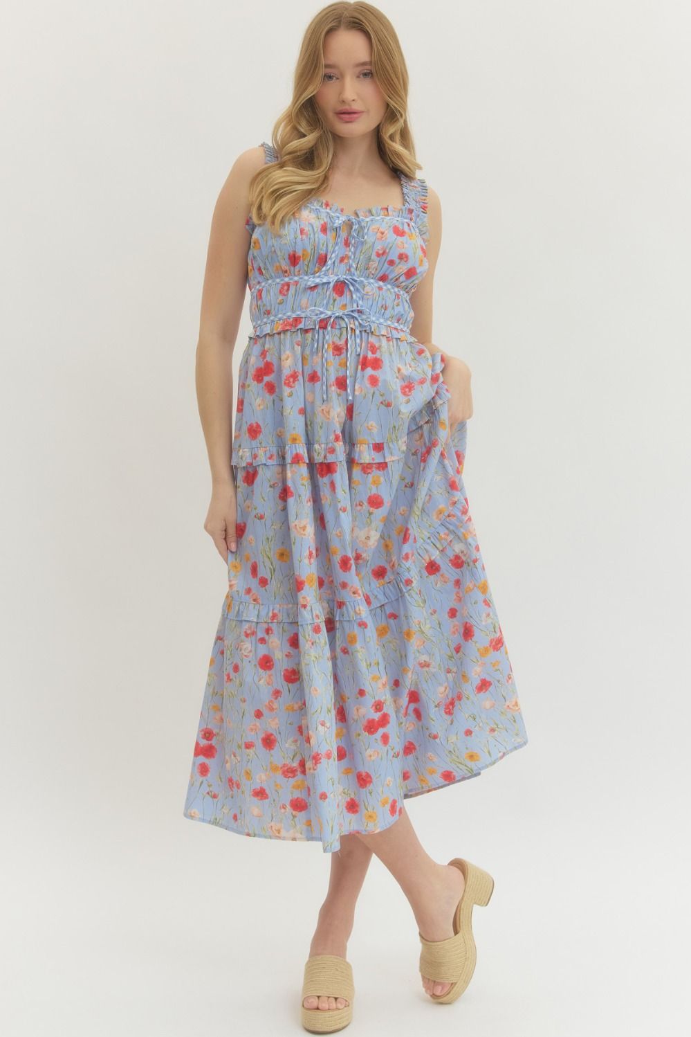 Floral Print Midi Dress w/ Ruffle Straps & Pockets