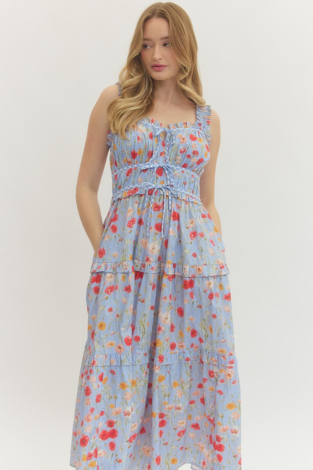 Floral Print Midi Dress w/ Ruffle Straps & Pockets