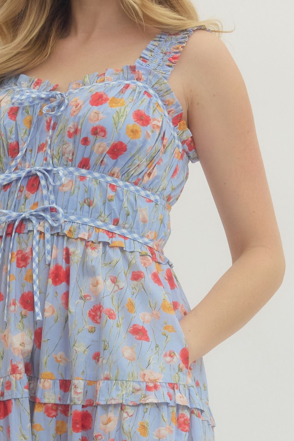 Floral Print Midi Dress w/ Ruffle Straps & Pockets