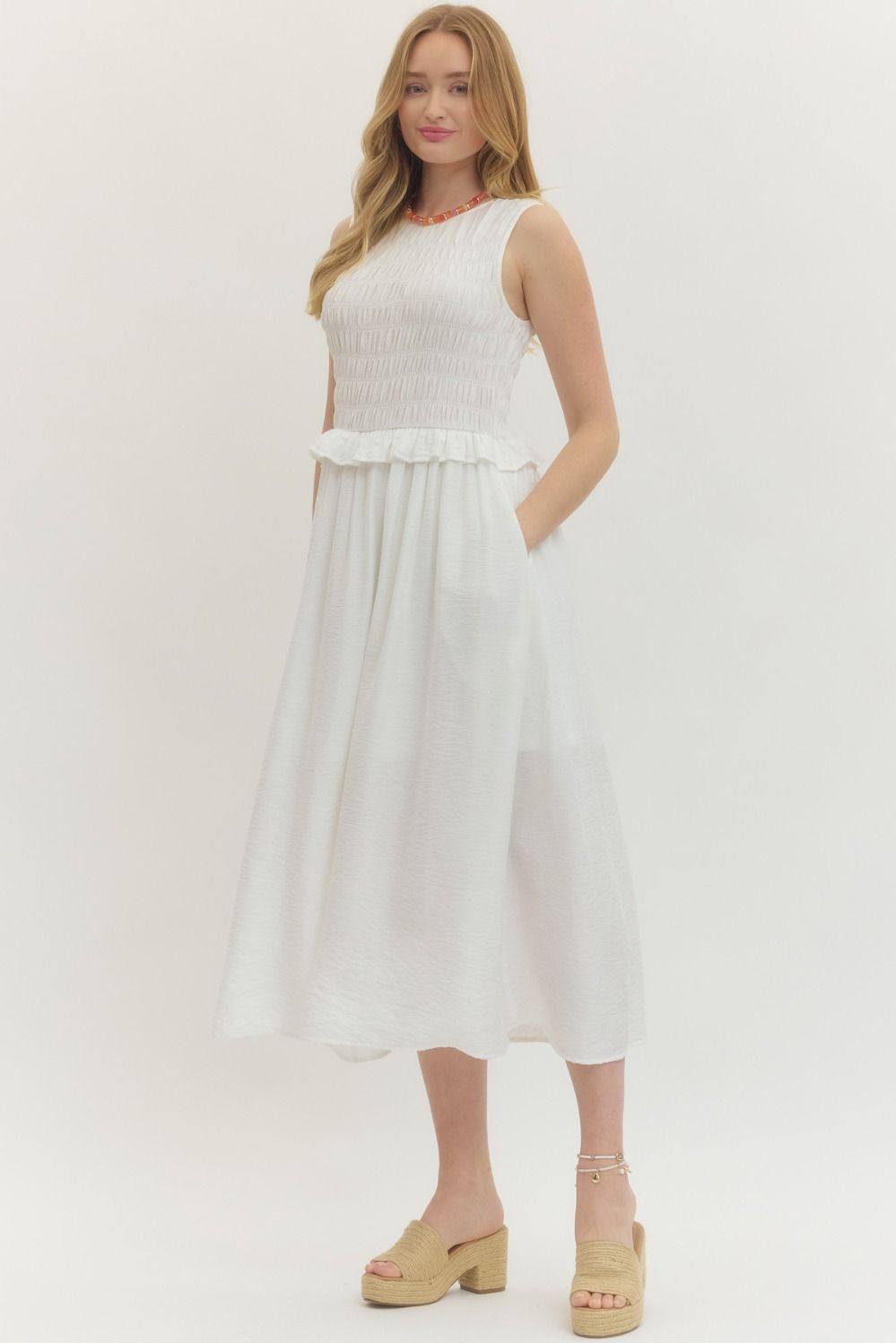 Ruffle Detail Smocked Bust Midi Dress