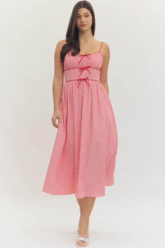 Red Gingham Spaghetti Strap Midi Dress