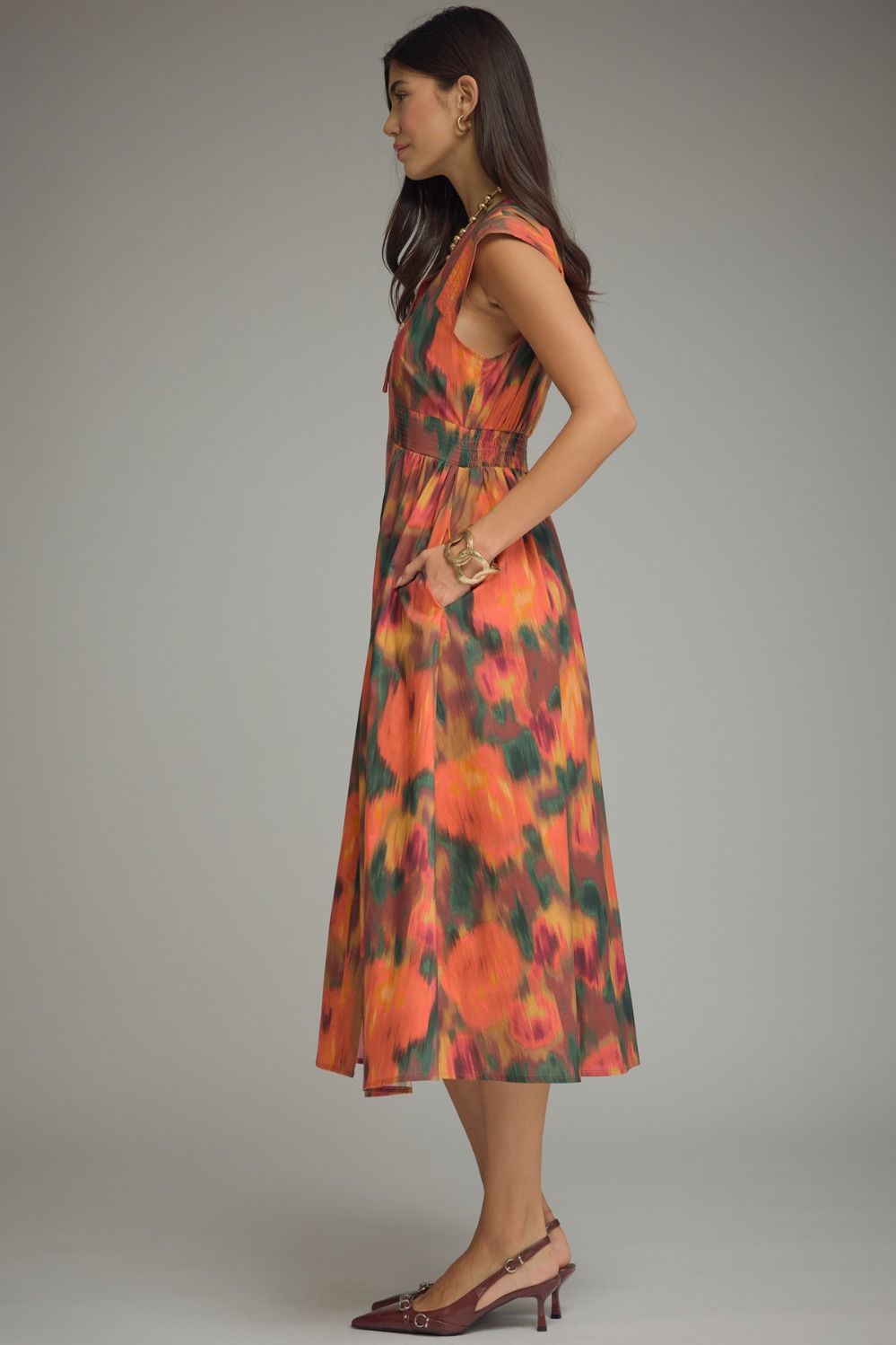 Smocked Waist Zipper Front Fall Midi Dress