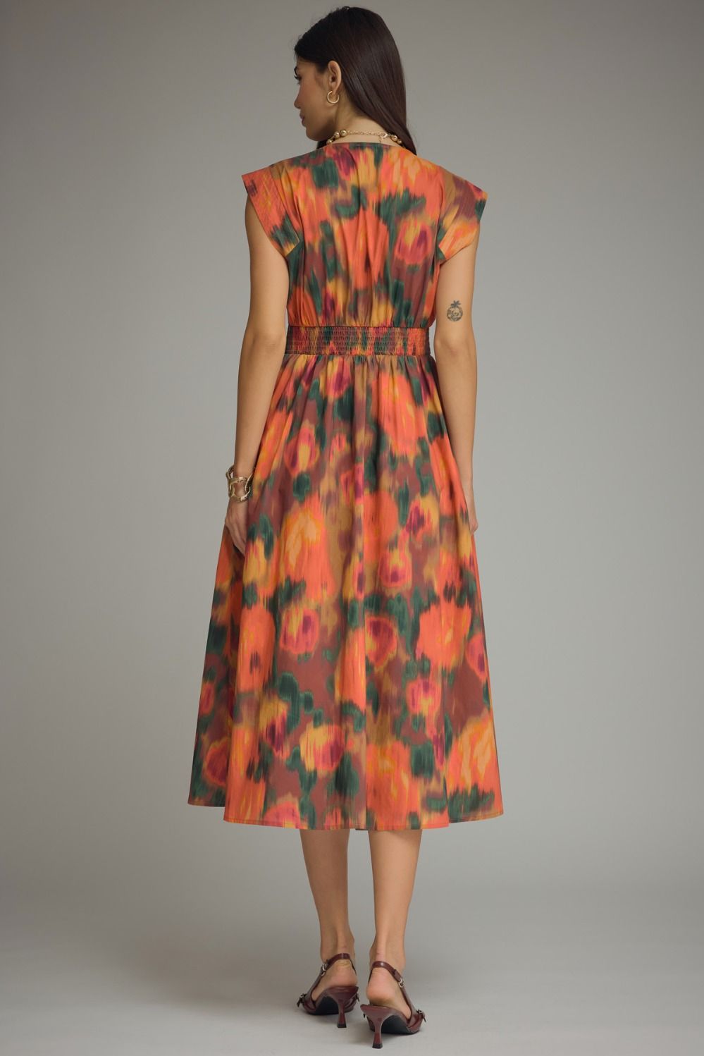 Smocked Waist Zipper Front Fall Midi Dress