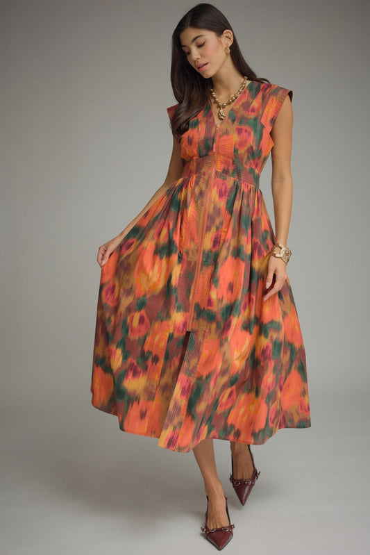 Smocked Waist Zipper Front Fall Midi Dress