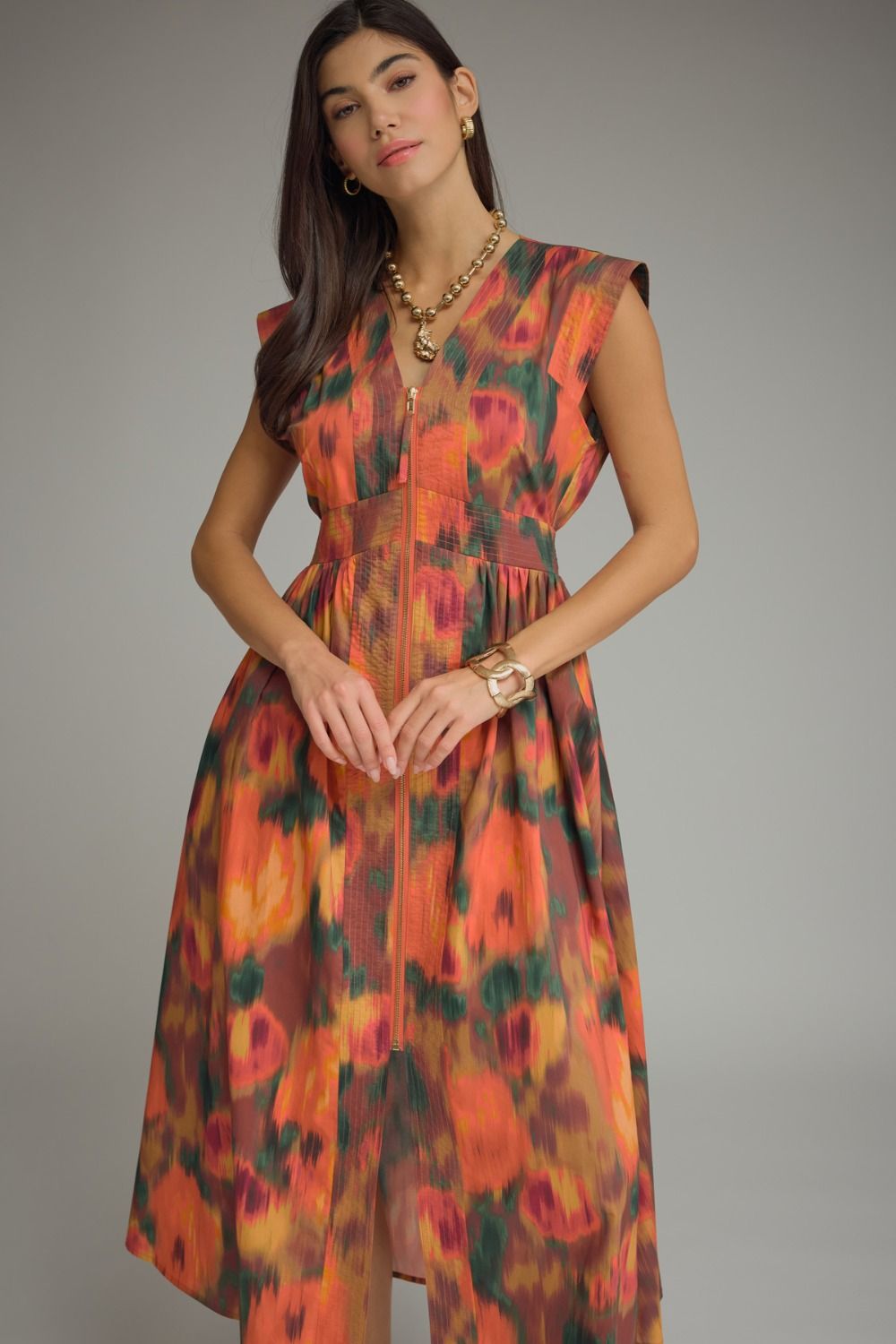 Smocked Waist Zipper Front Fall Midi Dress