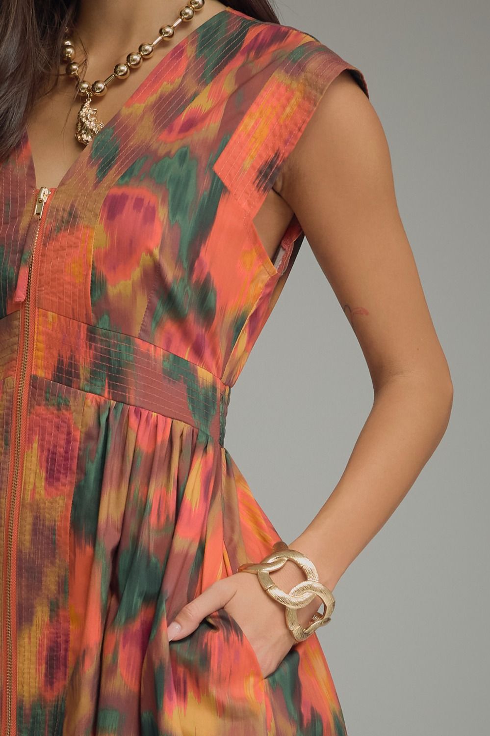 Smocked Waist Zipper Front Fall Midi Dress