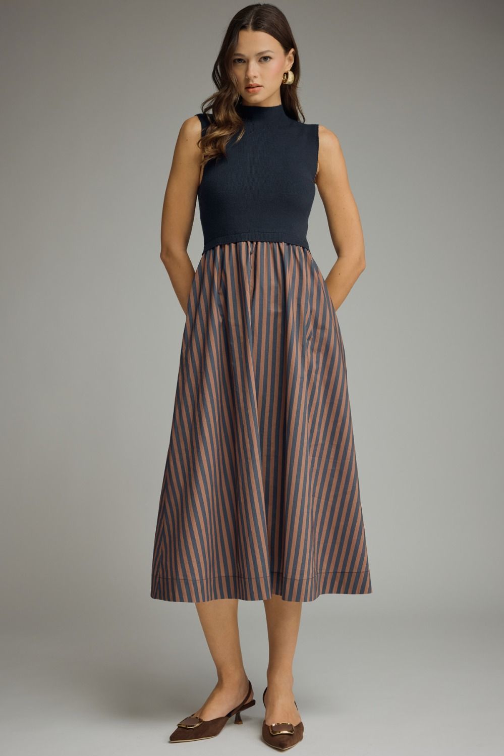 Navy & Copper Striped Dress w/ Pockets