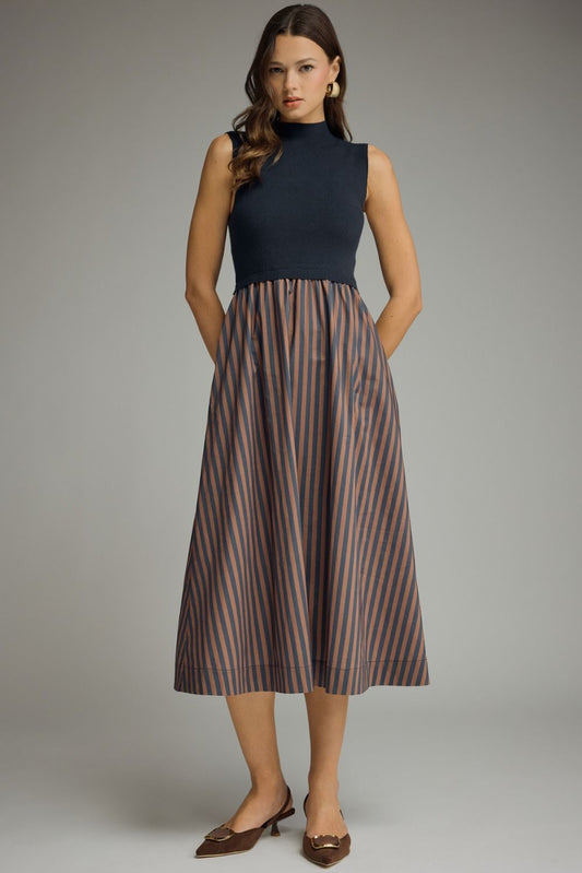 Navy & Copper Striped Dress w/ Pockets