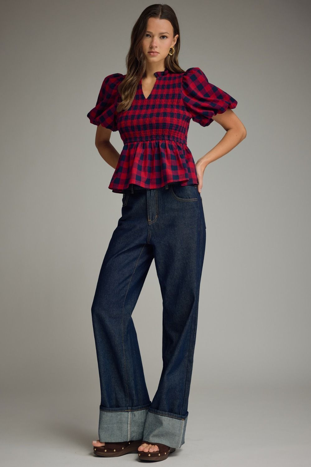 Red & Navy Plaid Smocked Peplum Top