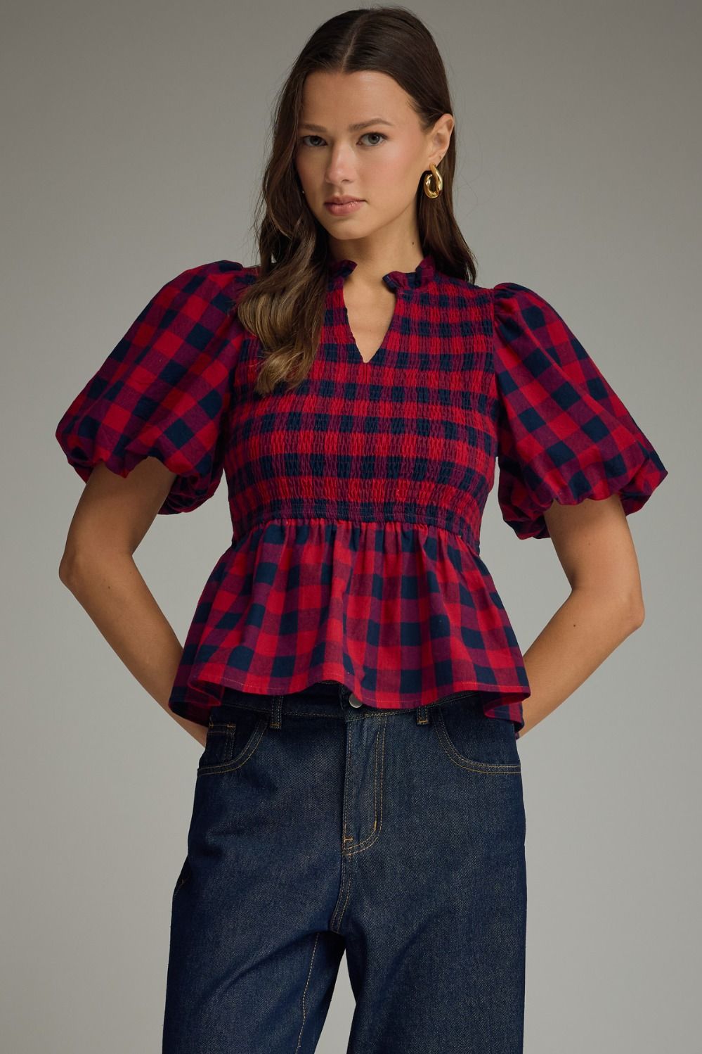 Red & Navy Plaid Smocked Peplum Top