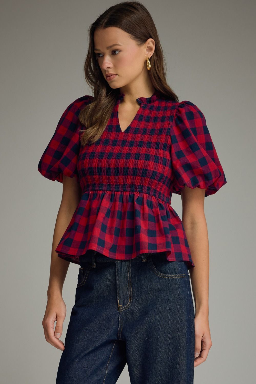 Red & Navy Plaid Smocked Peplum Top