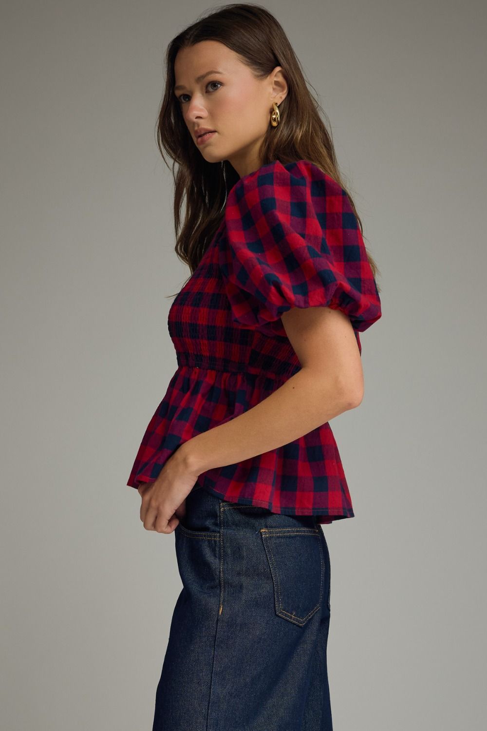 Red & Navy Plaid Smocked Peplum Top