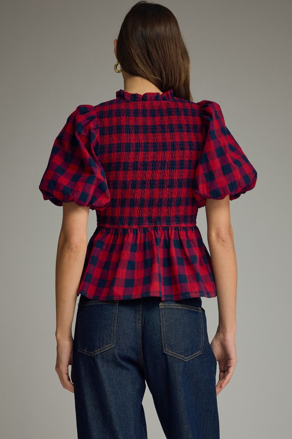 Red & Navy Plaid Smocked Peplum Top