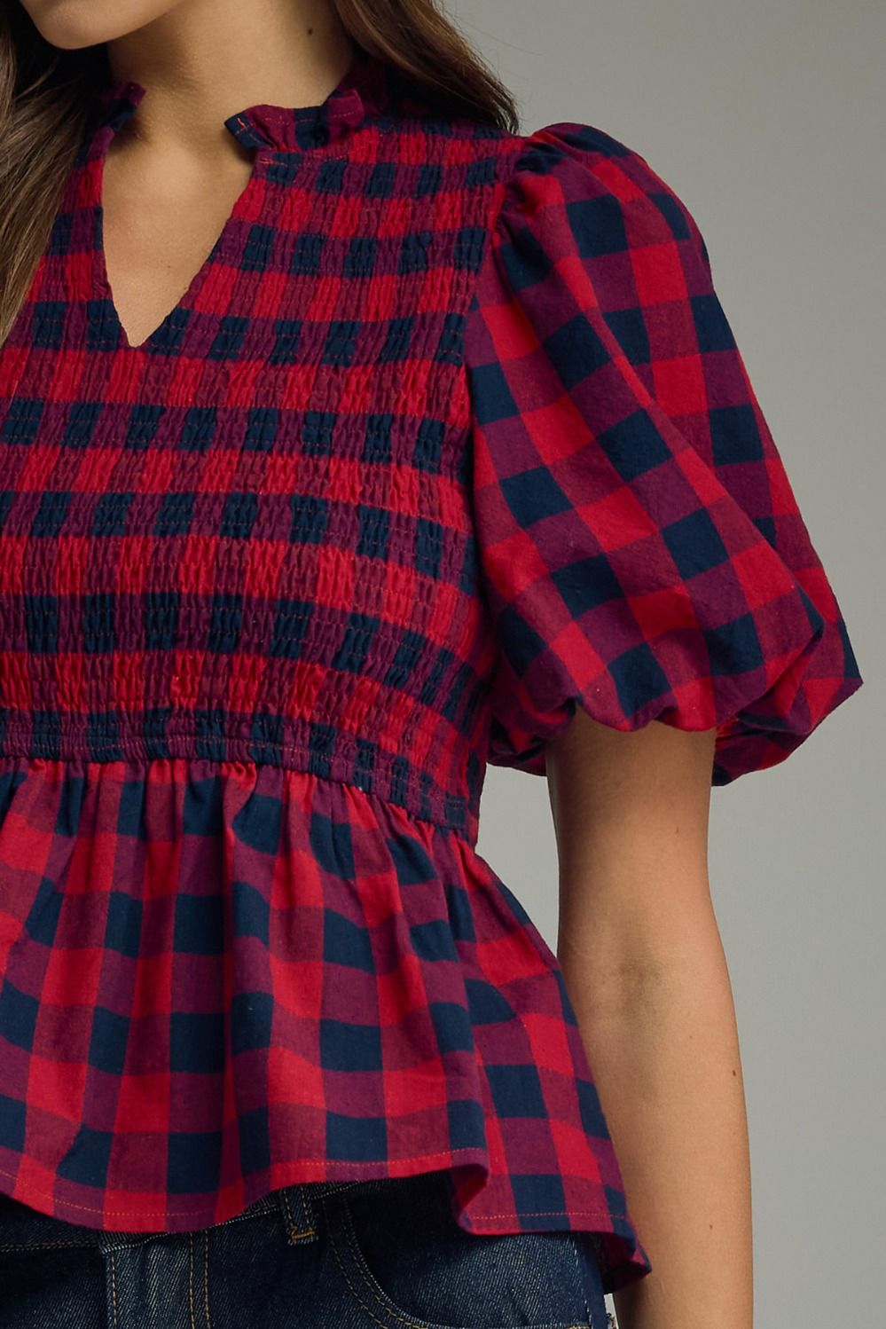 Red & Navy Plaid Smocked Peplum Top