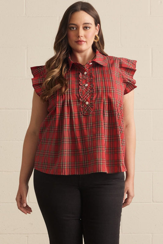 Jewel Button Ruffle Sleeve Plaid Top (XL - 2X)