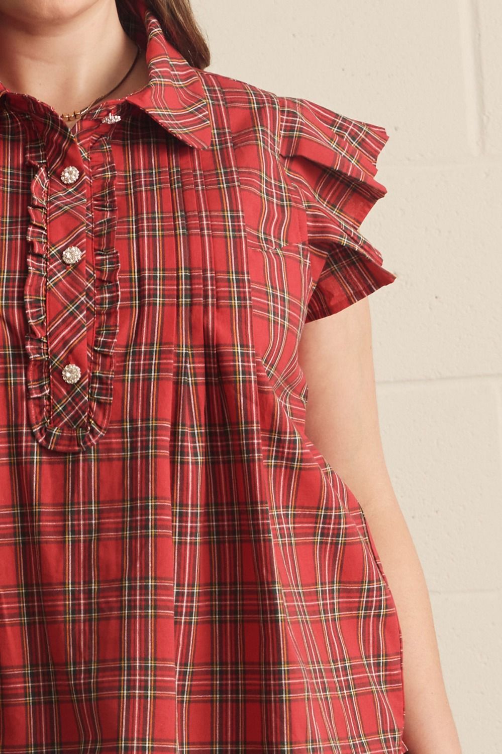 Jewel Button Ruffle Sleeve Plaid Top (XL - 2X)