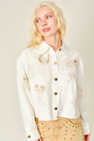 Western Print Cropped Denim Jacket