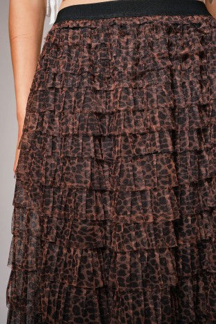Elastic Waist Leopard Print Ruffle Tiered Midi Skirt