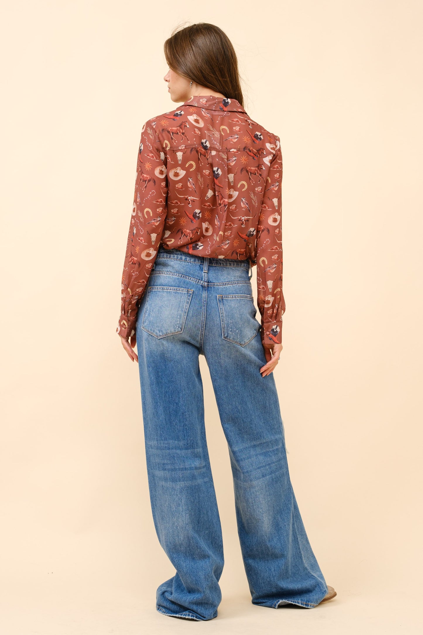 Chiffon Western Print Button Up Blouse