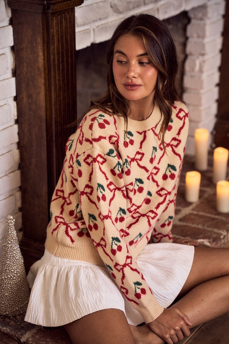 Cherry Ribbon Pattern Crewneck Sweater