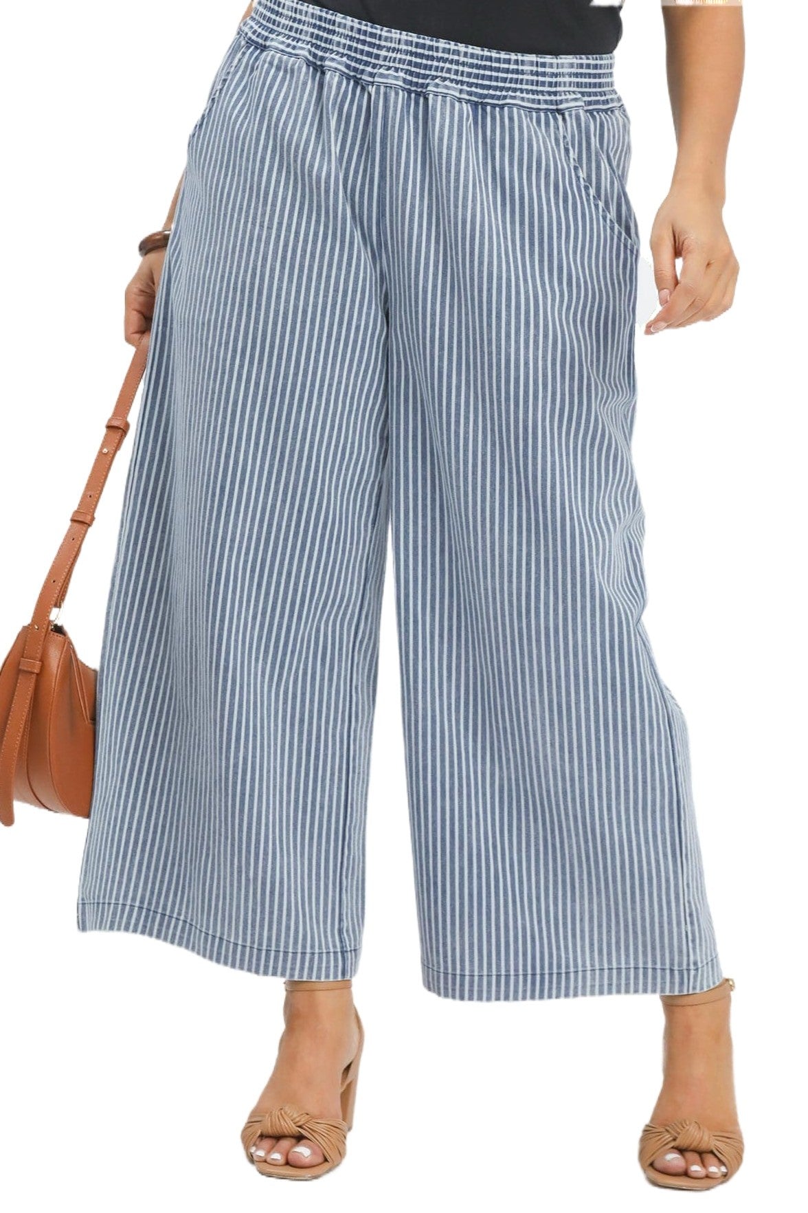 Elastic Waist Striped Denim Pants