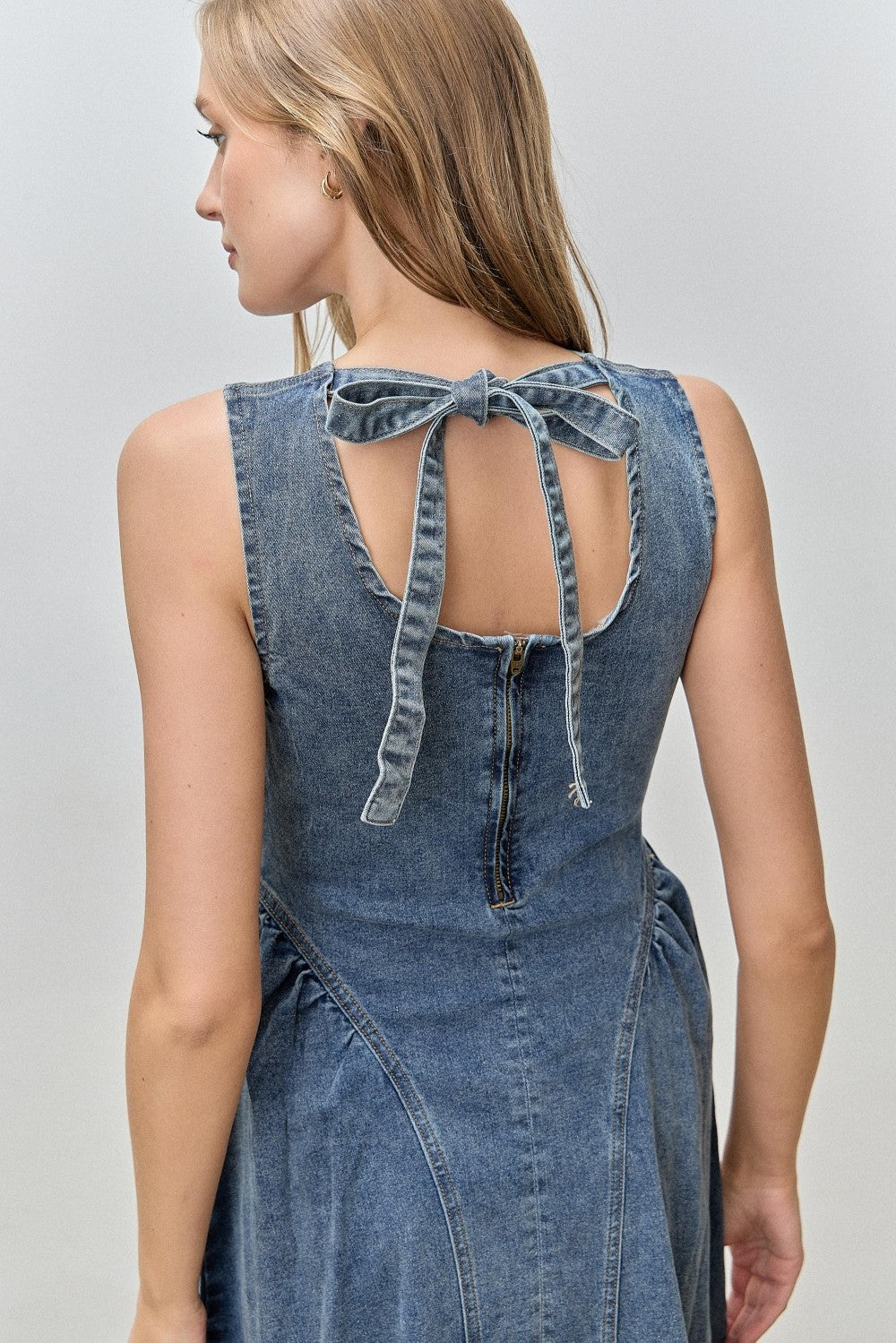 Tie Back Denim Midi Dress w/ Pockets
