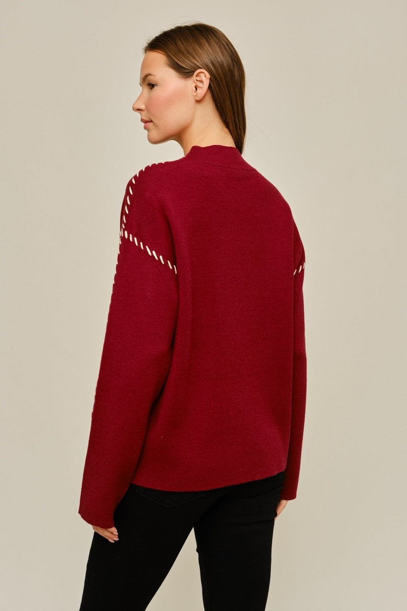 Contrast Stitch Accent Mock Neck Sweater (Burgundy)