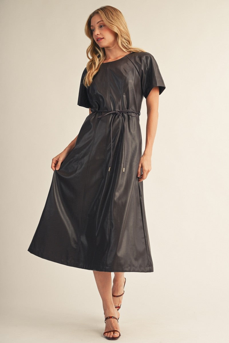 Waist Tie Faux Leather Midi Dress
