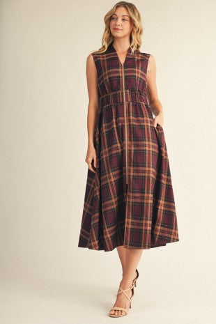 Front Zip Plaid Midi Dress