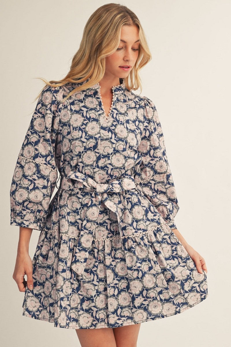Scallop Trim Long Sleeve Floral Print Dress